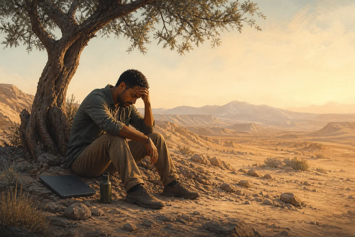 An exhausted founder rests beneath a sparse tree with a closed laptop.