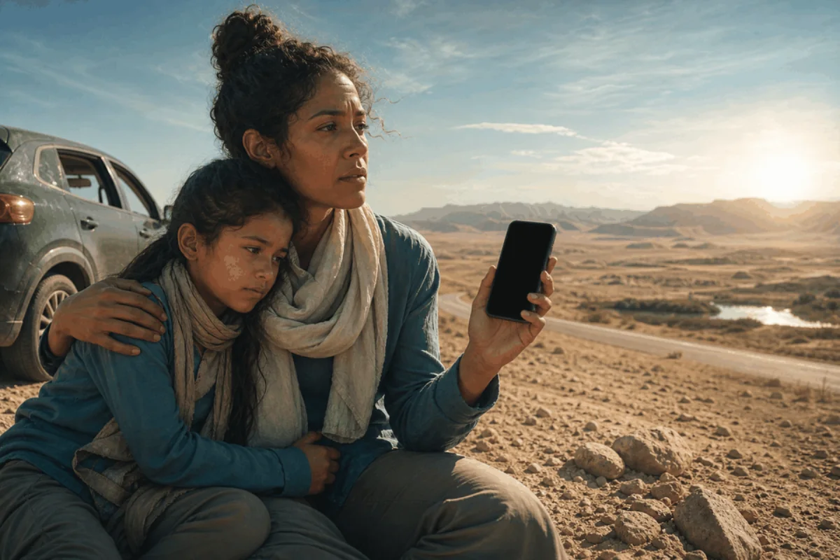 A mother and child wait beside a desert road with a powerless phone.