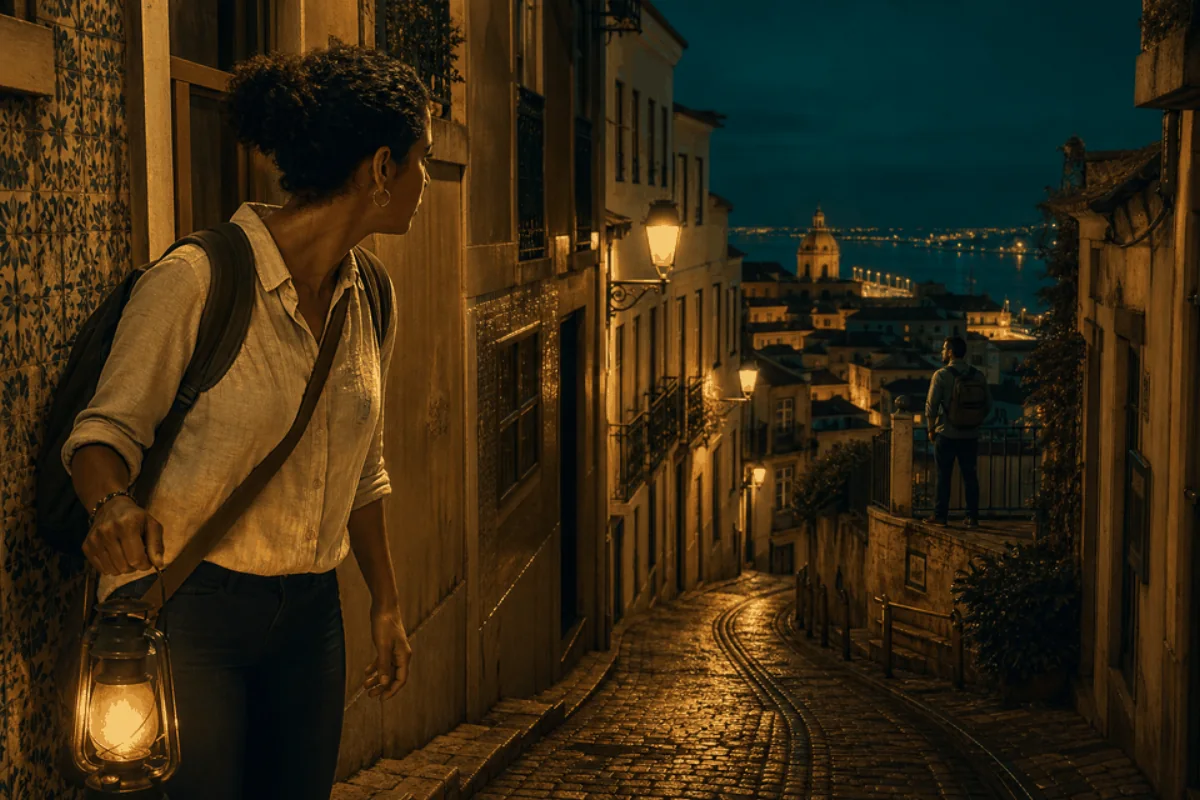 A group leader searches Lisbon's lantern-lit streets for a missing traveler.