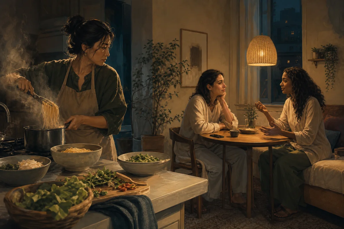 One woman cooks noodles while two women talk at a small apartment table.