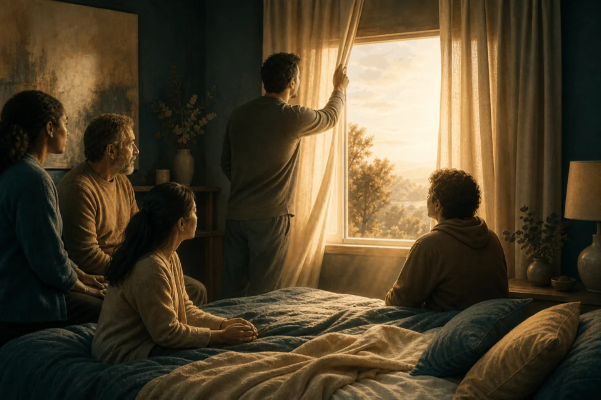 Morning light enters a quiet bedroom as a family opens the curtains.