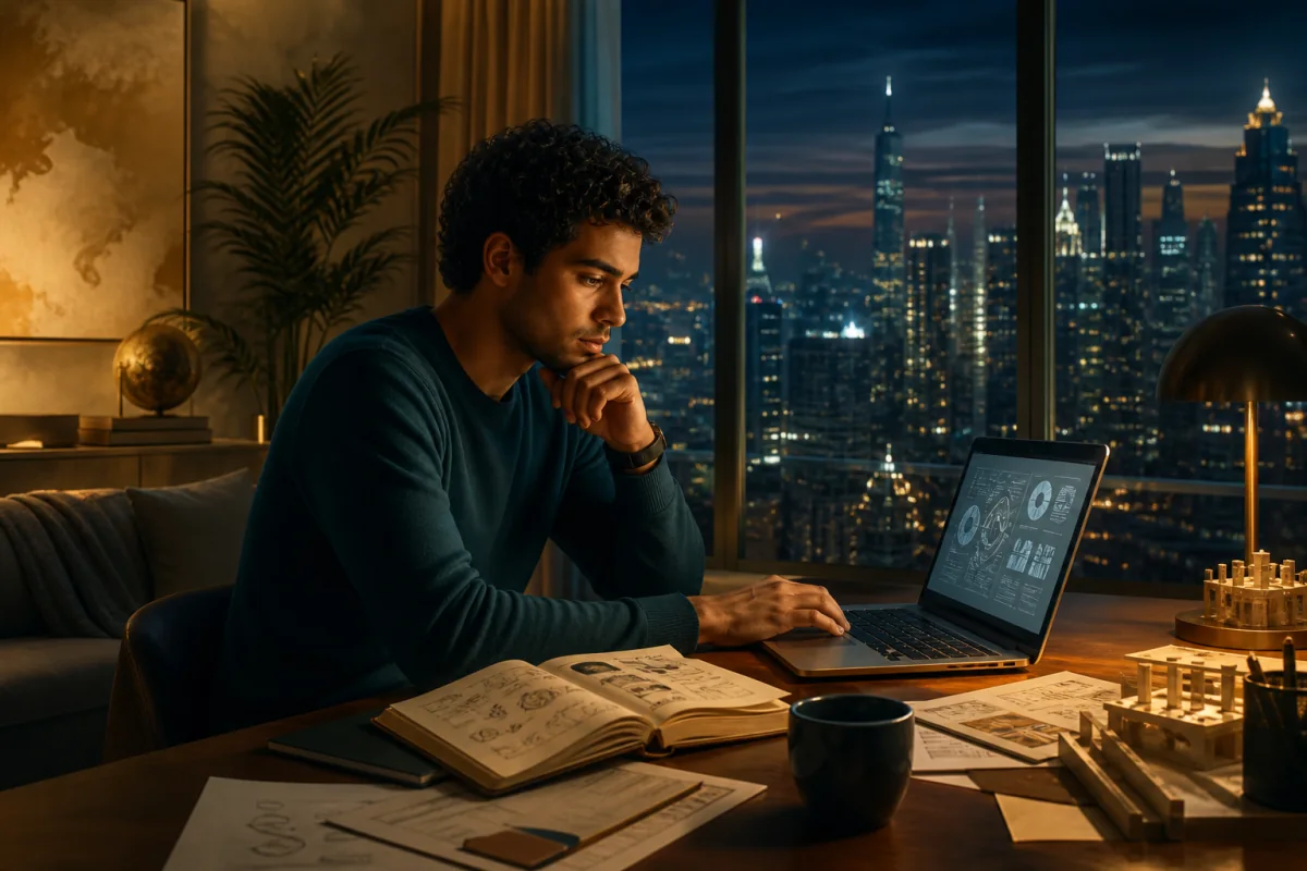 A young analyst works alone by laptop light in a foreign city apartment.
