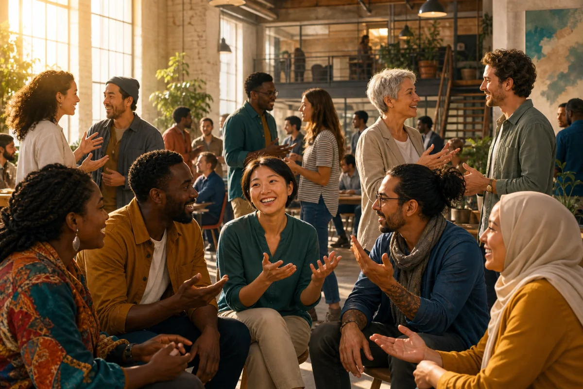 A diverse group of coworkers understand one another in a sunlit loft.