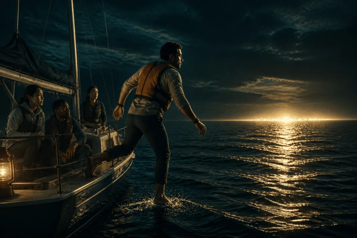 An entrepreneur steps from a small boat onto dark, illuminated water.