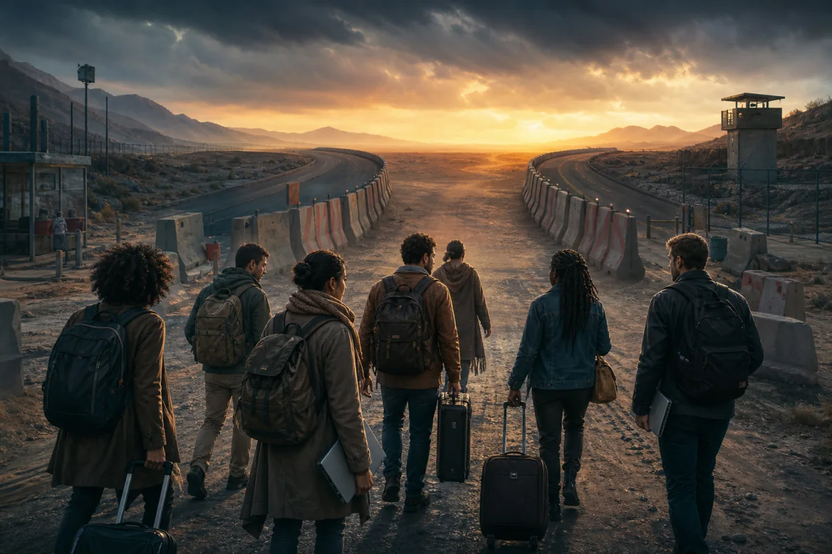 Remote workers carry luggage toward an open border crossing at dusk.
