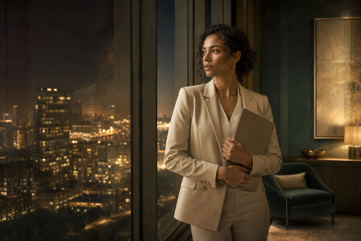 A young woman stands courageously beside a tall embassy window at night.