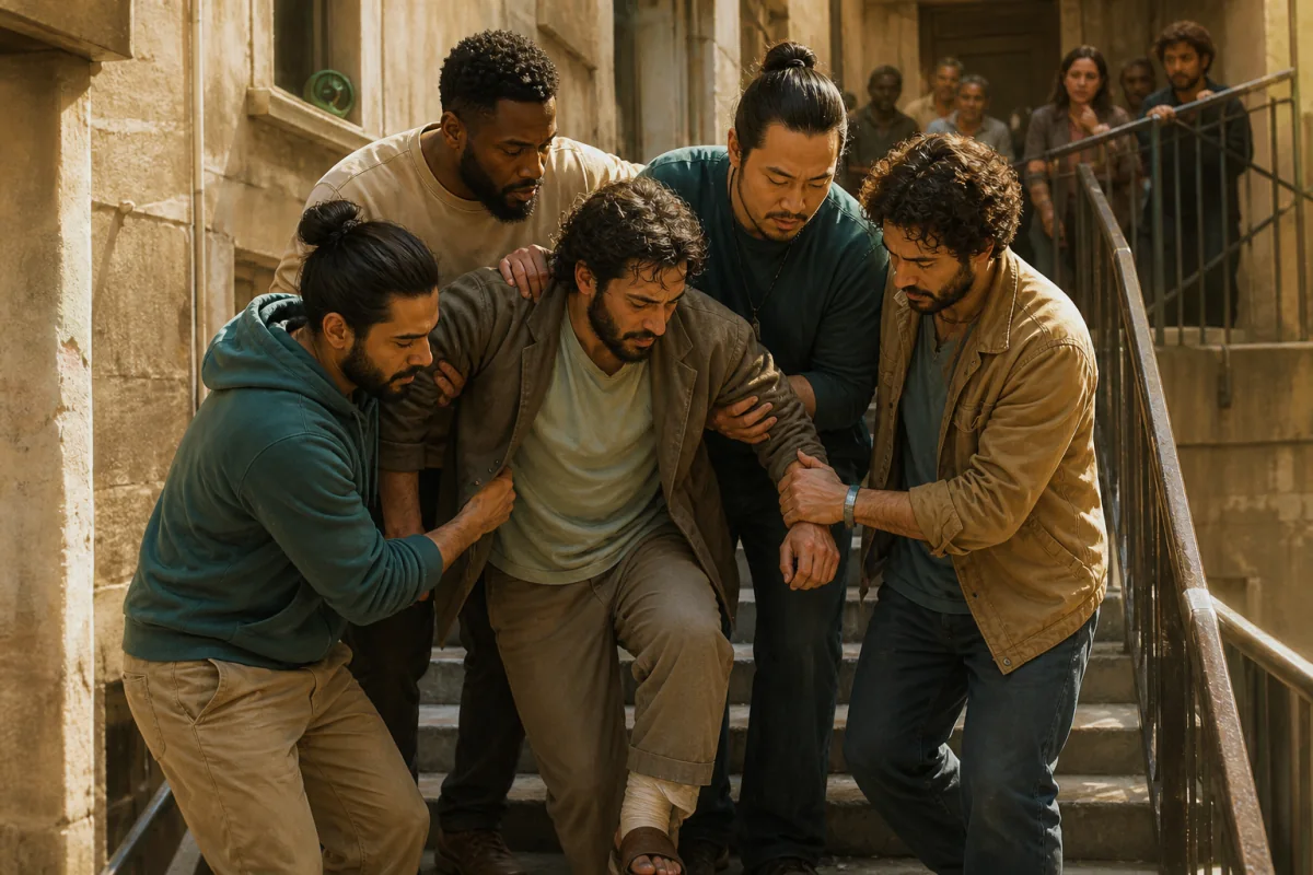 Four friends help an injured man climb a narrow apartment stairway.