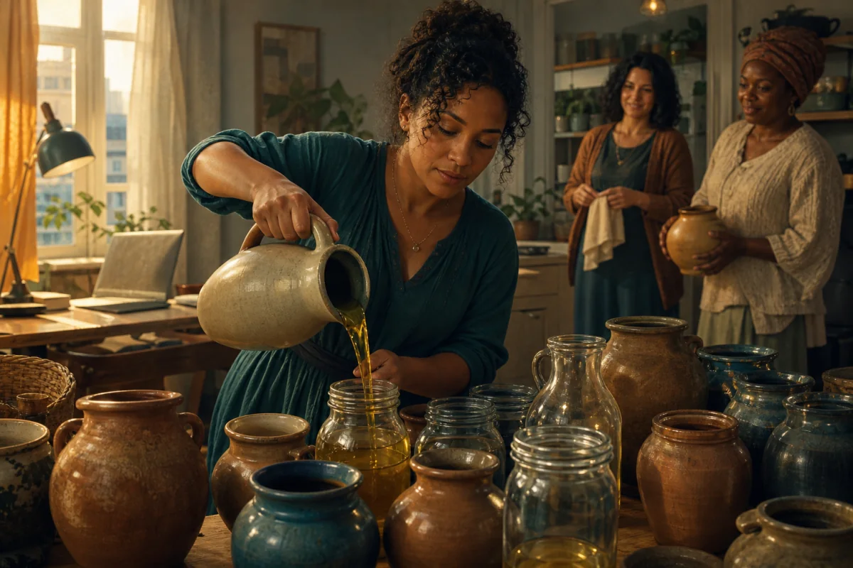 A woman pours oil among many jars while two women watch in a warm apartment.