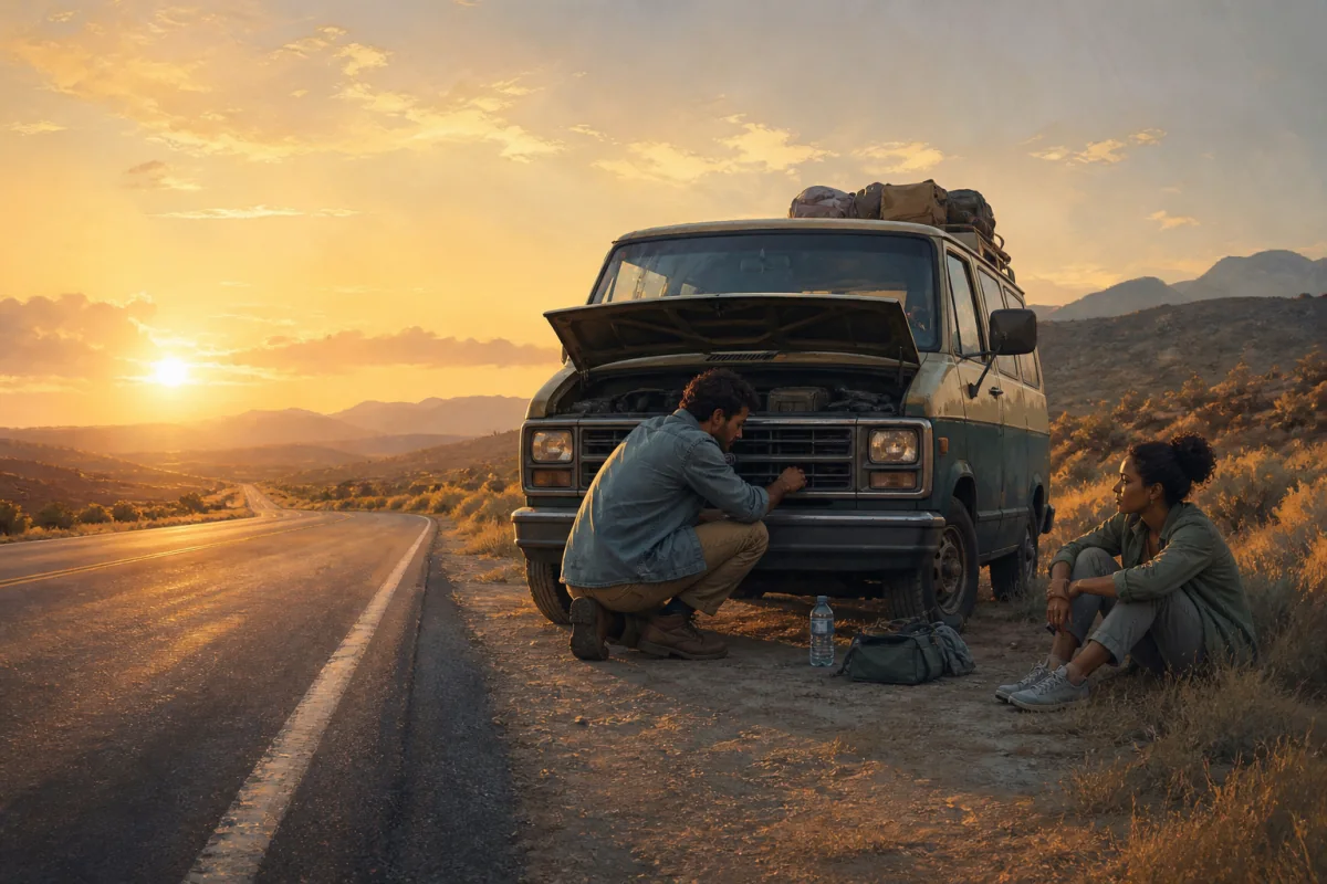 A compassionate stranger helps a stranded traveler beside a broken van.