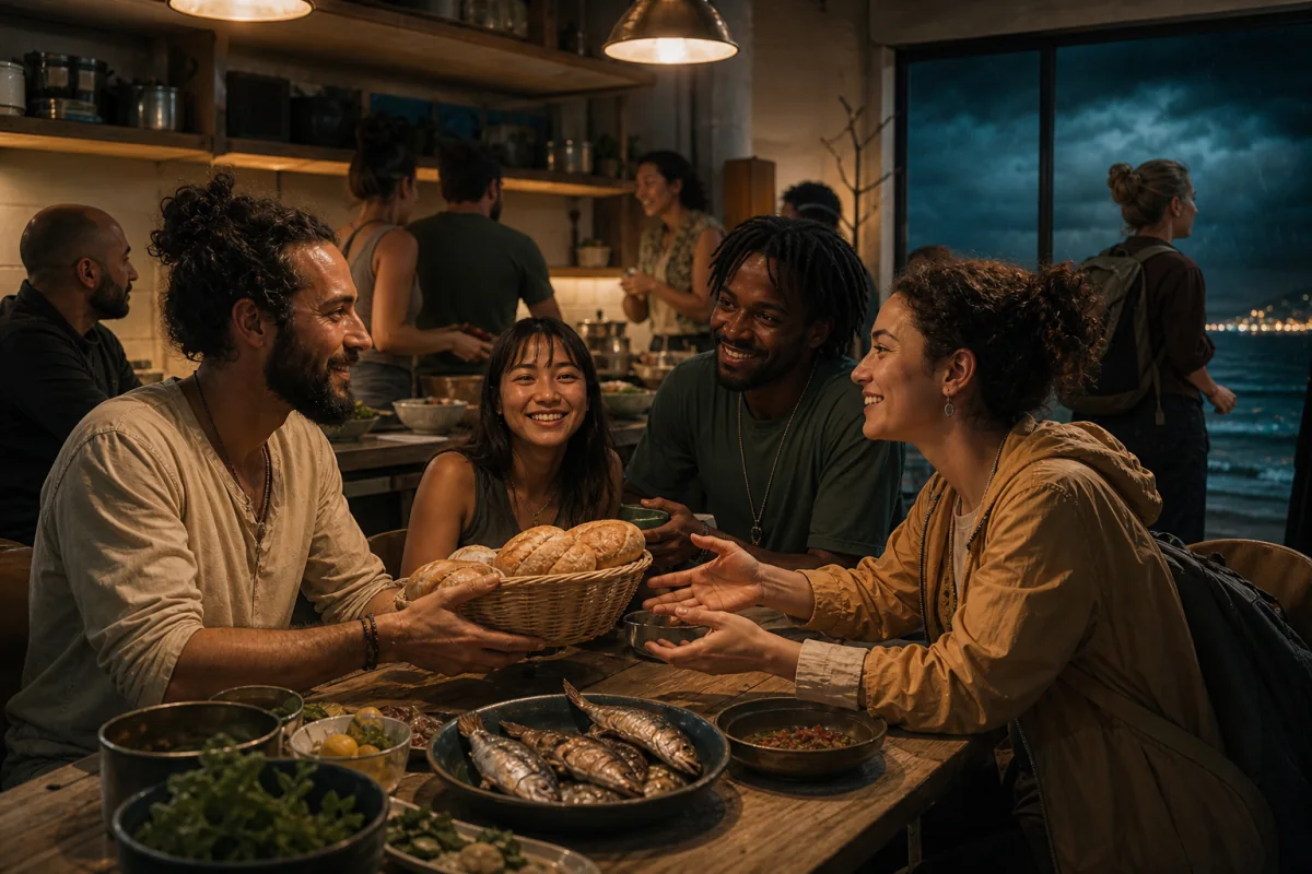 Travelers pass simple food around a warm and crowded hostel kitchen.