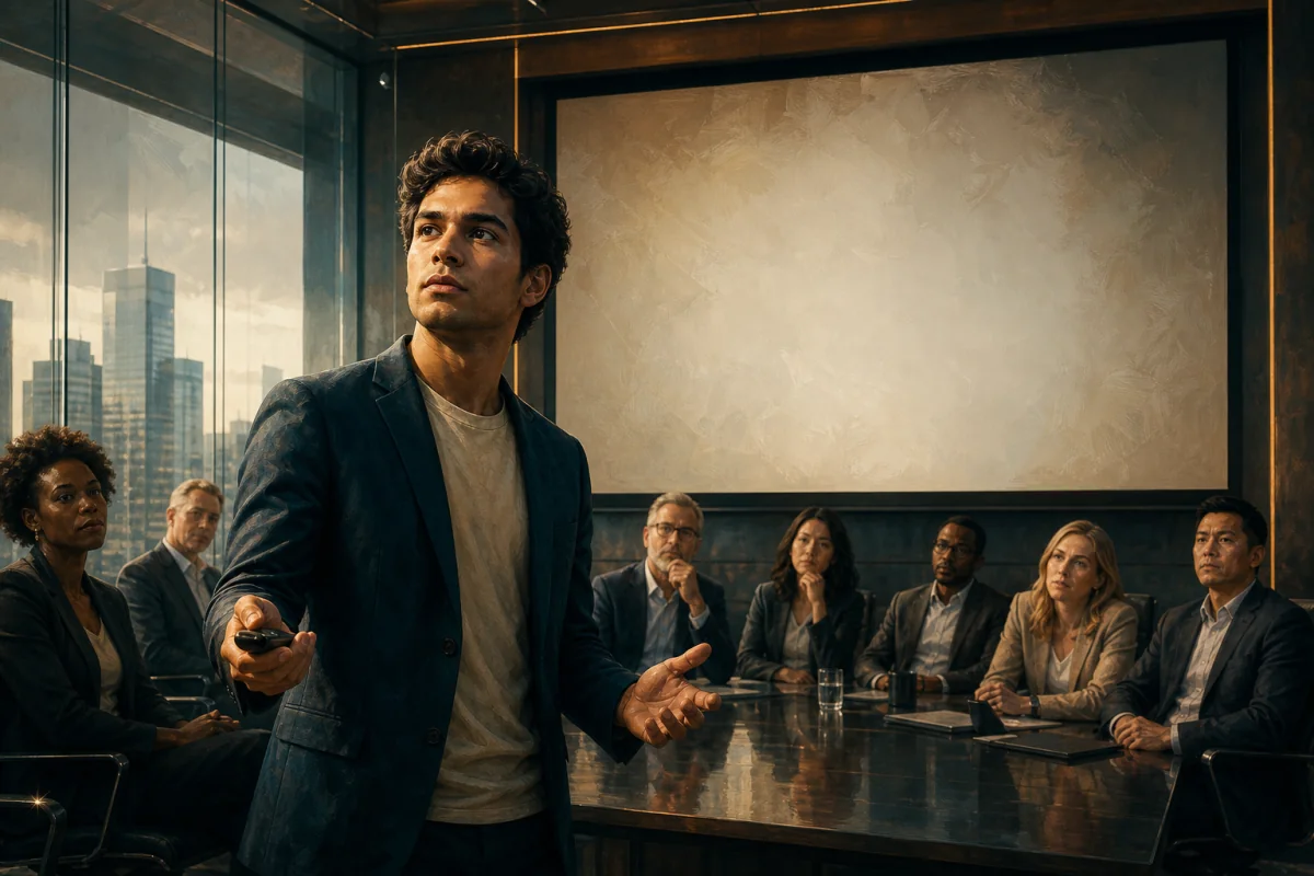 A young creative presents alone before executives in a glass boardroom.