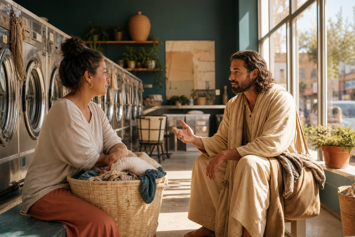 A woman carrying laundry meets a compassionate stranger in midday light.