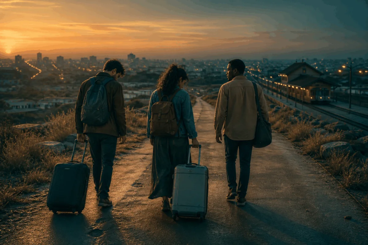 Two friends and a mysterious companion walk toward a station at dusk.