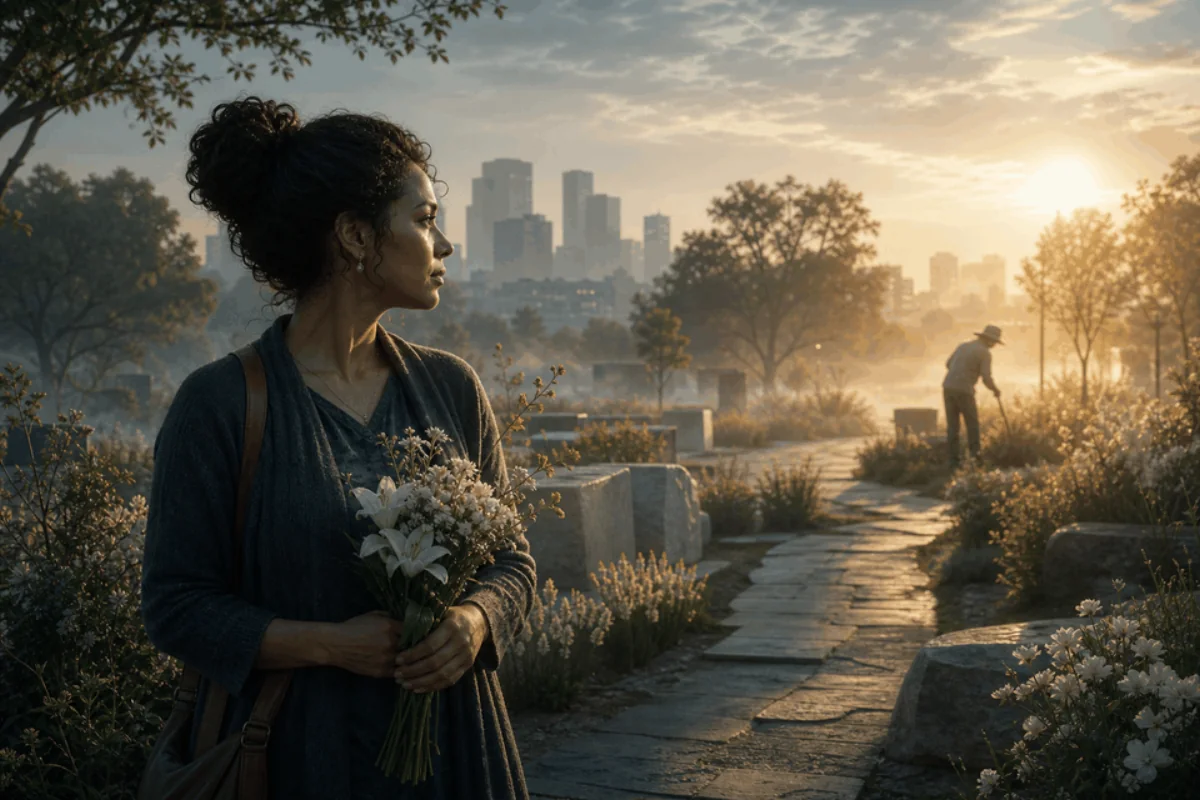 A grieving woman encounters radiant hope in a misty garden at dawn.