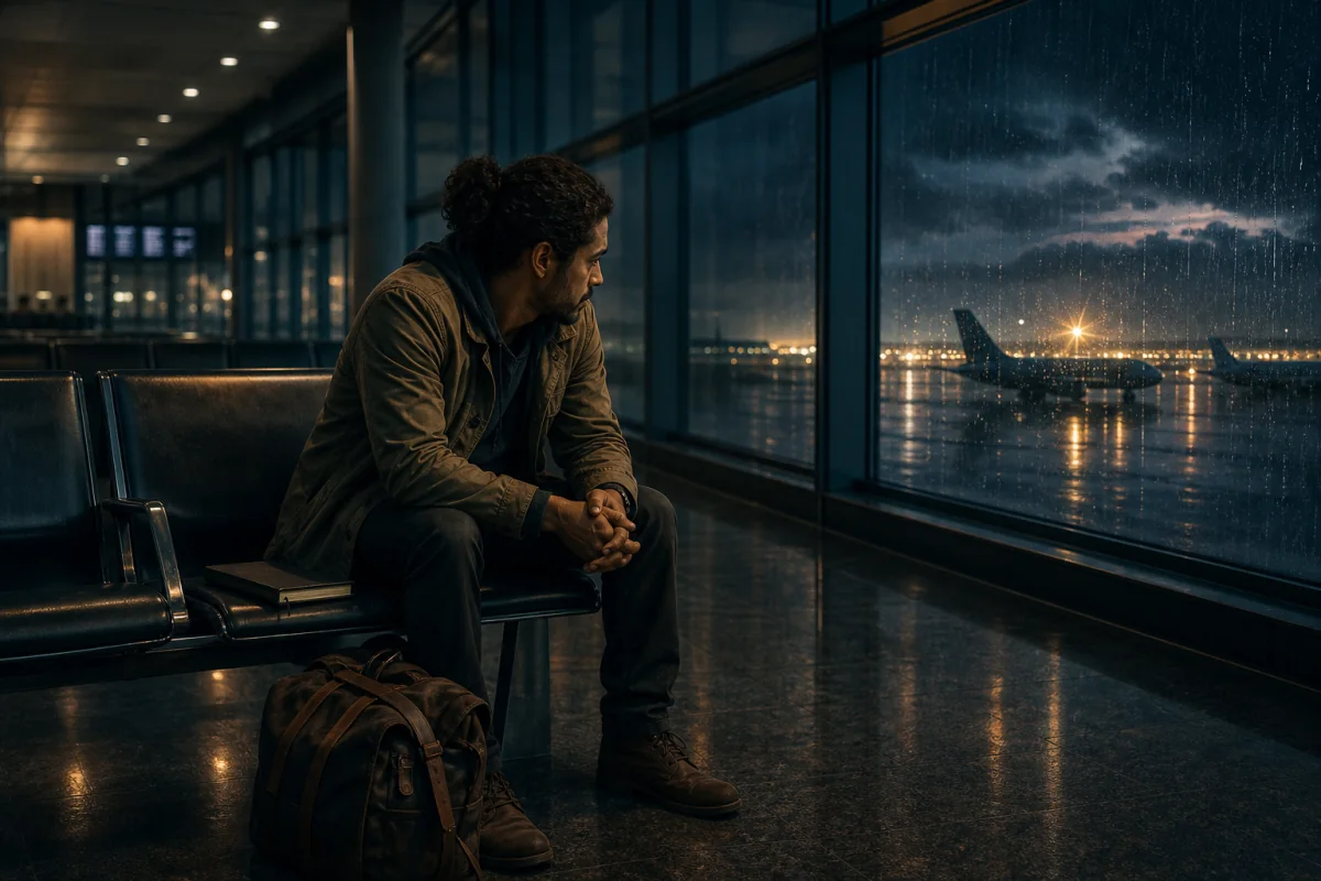 A solitary writer waits beneath a canceled-flight board at night.