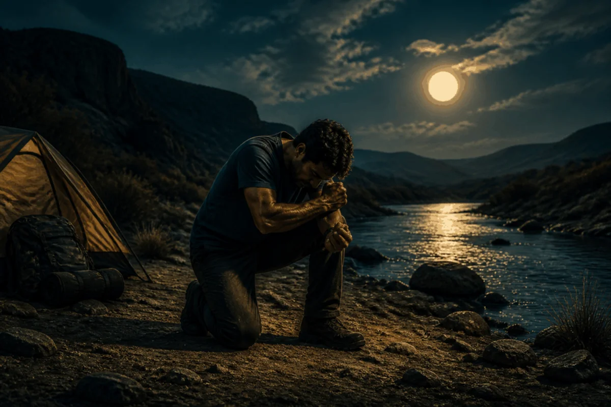 A lone traveler wrestles with inner conflict beside a moonlit river.