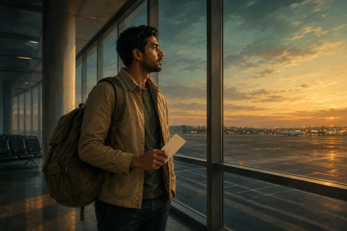 A lone traveler with a backpack waits at an airport gate before dawn.