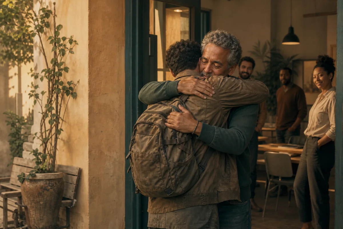 A worn traveler is welcomed home with an embrace in a coworking space.