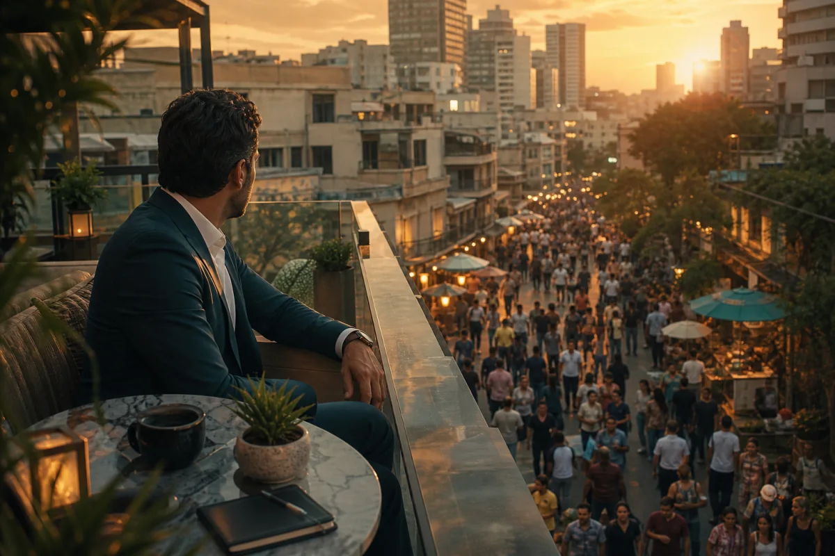 A solitary man watches a city crowd from a rooftop cafe at sunset.