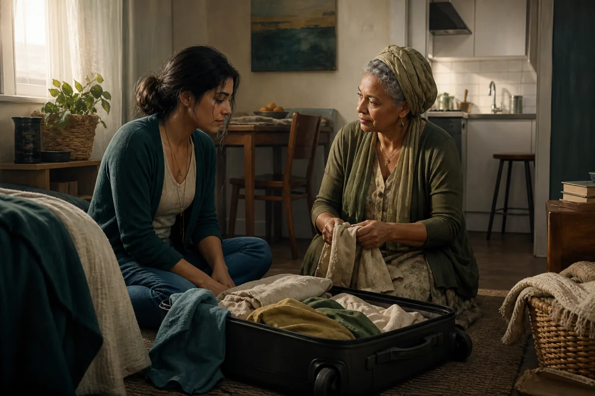 Two women unpack a suitcase together in a modest sunlit apartment.