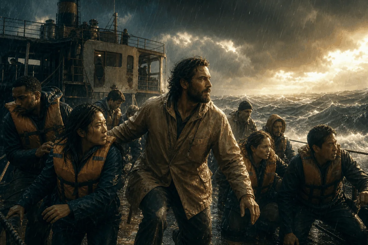 Modern travelers hold together on a storm-battered vessel at sea.