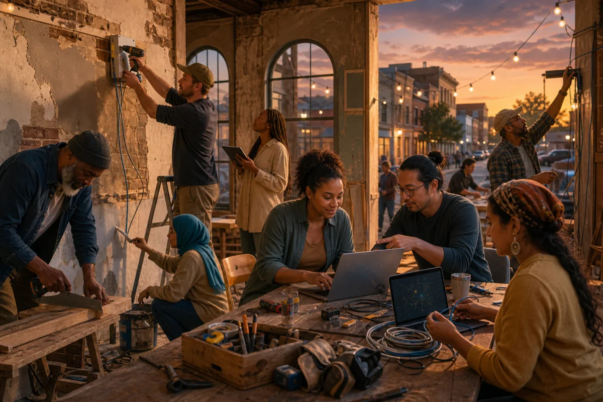 Neighbors rebuild a shared workspace with laptops and hand tools.