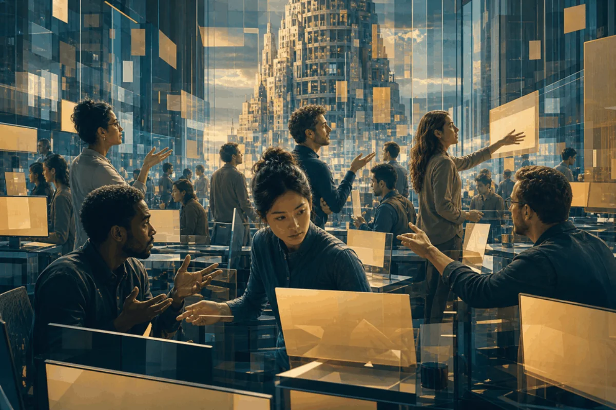 Coworkers struggle to communicate among towering screens in a startup office.