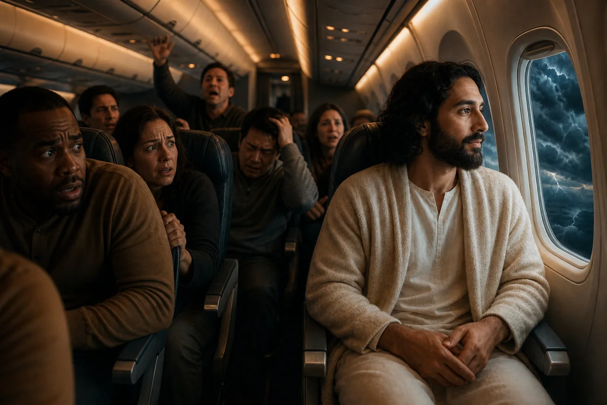 Anxious passengers surround one calm traveler during nighttime turbulence.