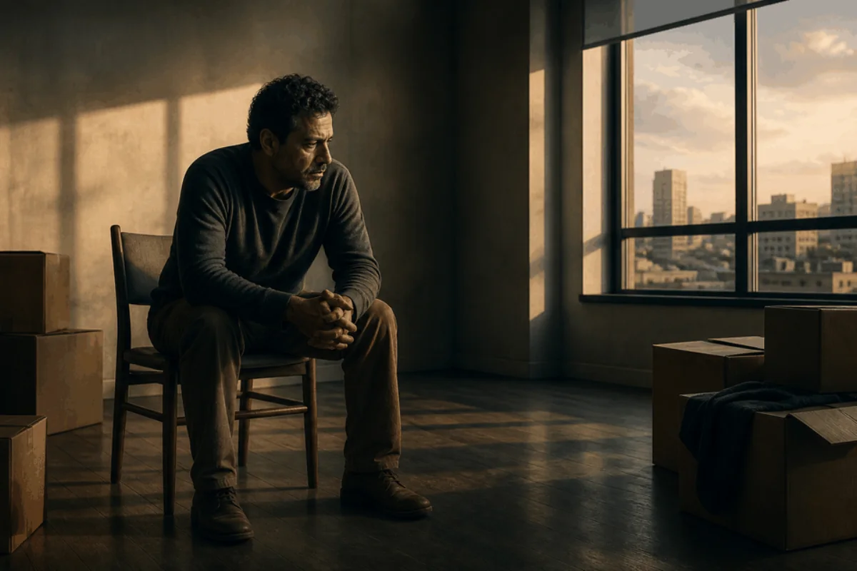 A once-successful man sits with dignified sorrow in a stripped apartment.